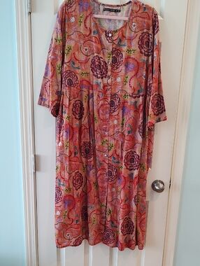Gudrun Sjoden Coral Floral Midi Dress with Purple and Green Accents